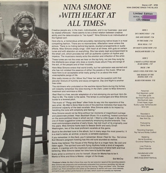 Image of Back Cover of LP - VG/VG+ - NINA SIMONE, Nina Simone Sings The Blues (RCA Victor; LSP-3789, Europe 1997 Reissue, Numbered), Some light wear at edges and corners of sleeve. Sticker on rear sleeve numbered: 0362,  - 2416501C