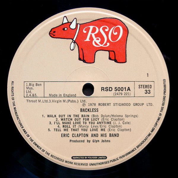 Image of Label Cover of LP - VG+/VG+ - ERIC CLAPTON, Backless (RSO A / B On Labels; RSD 5001, UK 1978, Gatefold), Minor wear to sleeve.,  - 2416509C