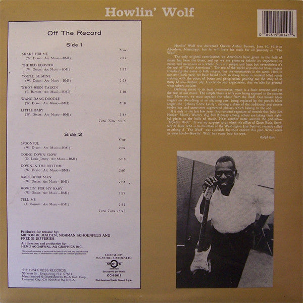Image of Back Cover of LP - G+/G+ - HOWLIN' WOLF, Off The Record (Green Line Records; GCH 8012, Italy 1984 Reissue), Lots of mostly lighter marks. Sleeve worn and creased at corners and edges; some staining too,  - 2416504C
