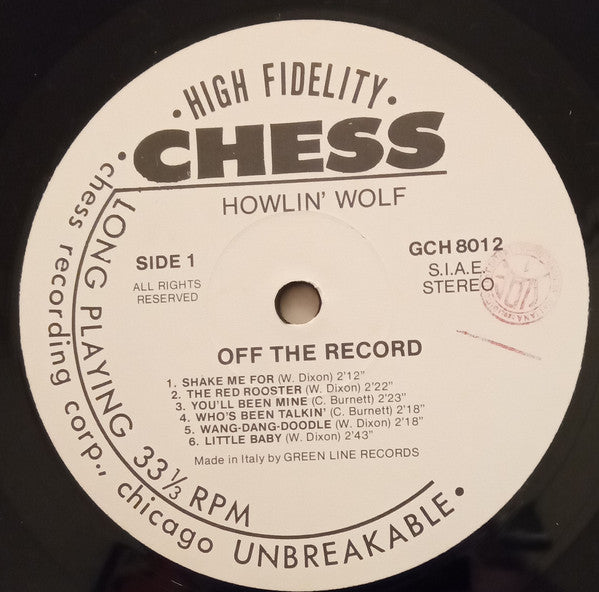 Image of Label Cover of LP - G+/G+ - HOWLIN' WOLF, Off The Record (Green Line Records; GCH 8012, Italy 1984 Reissue), Lots of mostly lighter marks. Sleeve worn and creased at corners and edges; some staining too,  - 2416504C