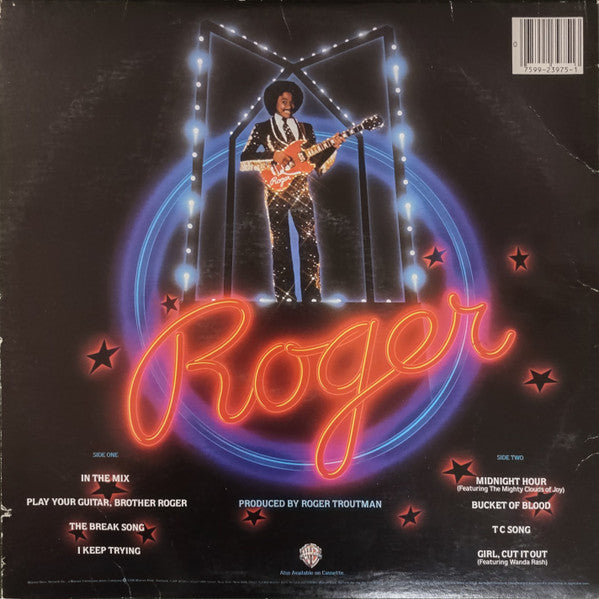 Image of Back Cover of LP - VG/VG - ROGER, The Saga Continues... (Warner Bros. Records; 23975-1, US 1984, Inner), Sleeve shrink-wrapped with hype sticker on plastic; wear and small rips along opening. Inner split and taped at edges,  - 2416506C