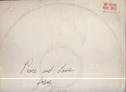 Image of Front Cover of 4825156E: LP - VARIOUS ARTISTS (SIR COLLINS), Sir Collins Music Wheel Vol.1 / Peace And Love (Collins Music; C.M. 001 B.L.P., UK 1977, "Sir Collins Music Wheel" Stamped Sleeve, Sir Collins autograph on sleeve.) Light marks only, plays above grade. Clean labels. Beautiful Sir Collins stamp and original autograph on sleeve.  VG/VG