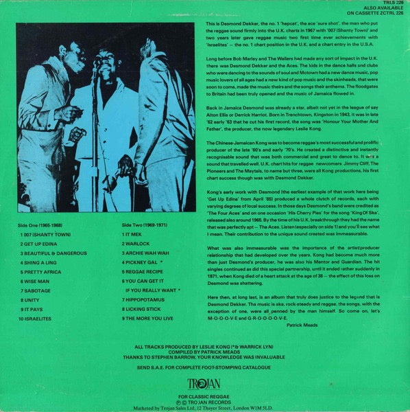 Image of Back Cover of LP - VG/G+ - DESMOND DEKKER & THE ACES, The Original Reggae Hitsound Of Desmond Dekker And The Aces (Trojan Records; TRLS 226, UK 1985), Light marks only - plays well.,  - 2416581C
