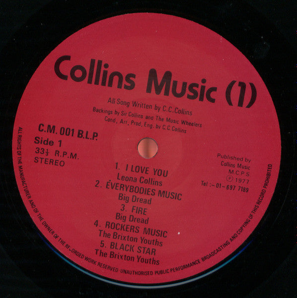 Image of Label Cover of LP - VG/VG - VARIOUS ARTISTS (SIR COLLINS), Sir Collins Music Wheel Vol.1 / Peace And Love (Collins Music; C.M. 001 B.L.P., UK 1977, "Sir Collins Music Wheel" Stamped Sleeve, Sir Collins autograph on sleeve.), Light marks only, plays above grade. Clean labels. Beautiful Sir Collins stamp and original autograph on sleeve., A1-Leona Collins - I Love You 	A2-Big Dread - Everybodies Music 	A3-Big Dread - Fire 	A4-The Brixton Youths - Rockers Music 	A5-The Brixton Youths - Black Star 