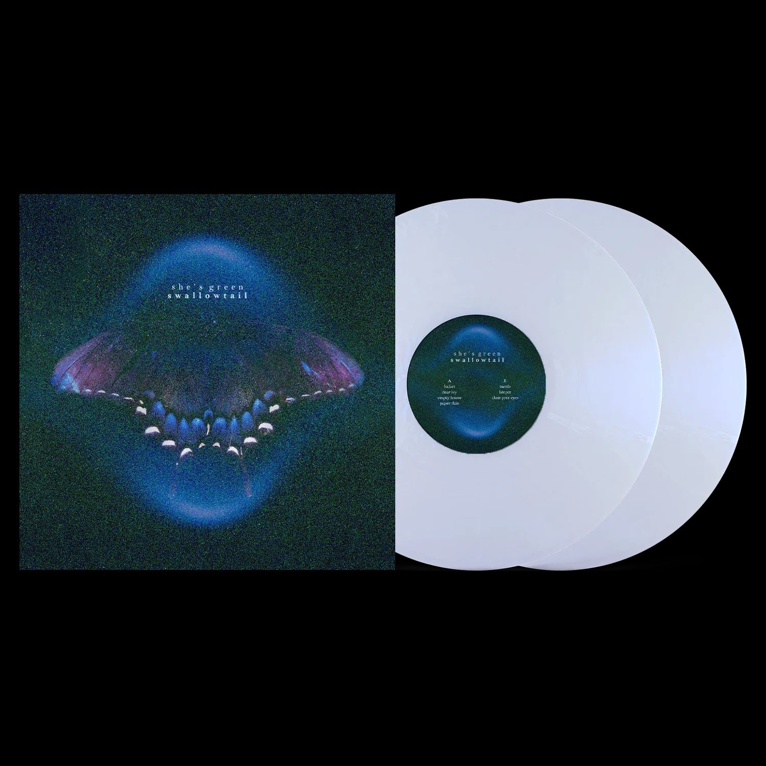 Image of Back Cover of 2xLP - NEW/NEW - SHE'S GREEN SWALLOWTAIL / CHRYSALIS, Swallowtail / Chrysalis (Photo Finish Records; 5547990366, UK 2026, Iridescent White Vinyl), ,  - 944735C