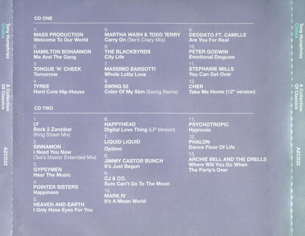 Image of Back Cover of 2xCD - VG+/EX - TONY HUMPHRIES, Azuli Presents Tony Humphries - Choice - A Collection Of Club Zanzibar Classics (Azuli Records; AZCD22, UK 2003, Card Slipcase with Jewel Case inside), Opened Instore,  - 2416596C