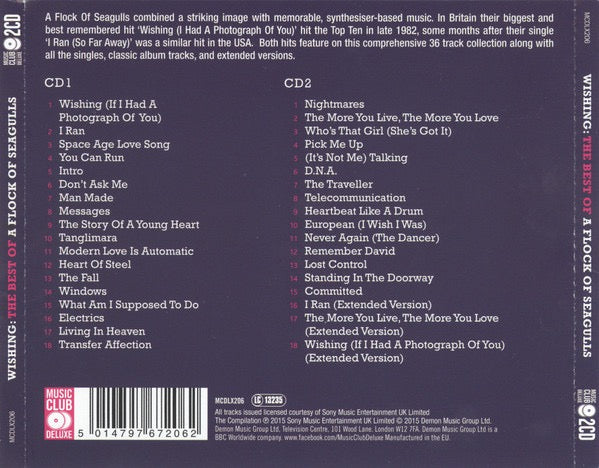 Image of Back Cover of 2xCD - M/M - A FLOCK OF SEAGULLS, Wishing: The Very Best (Music Club Deluxe; MCDLX206, UK 2015, Card Slipcase with Jewel Case inside), SEALED,  - 2416597C