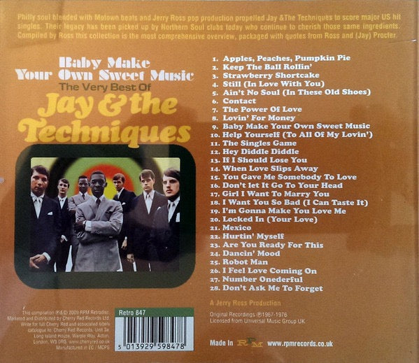Image of Back Cover of CD - M/M - JAY AND THE TECHNIQUES, Baby Make Your Own Sweet Music: The Very Best of Jay & The Techniques (RPM retrodisc; Retro 847, UK 2009, Jewel Case), SEALED,  - 2416603C