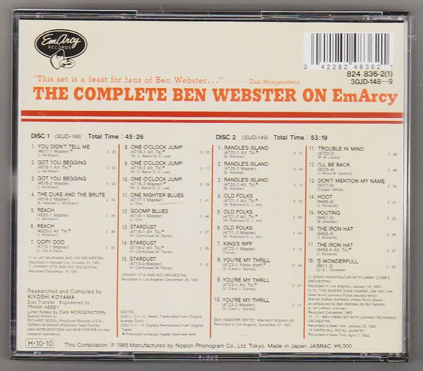 Image of Back Cover of 2xCD - VG+/VG+ - BEN WEBSTER, The Complete Ben Webster On EmArcy (EmArcy; 824 836-2, Japan 1986 Reissue, Fatbox Double Case, Booklet), ,  - 2416604C
