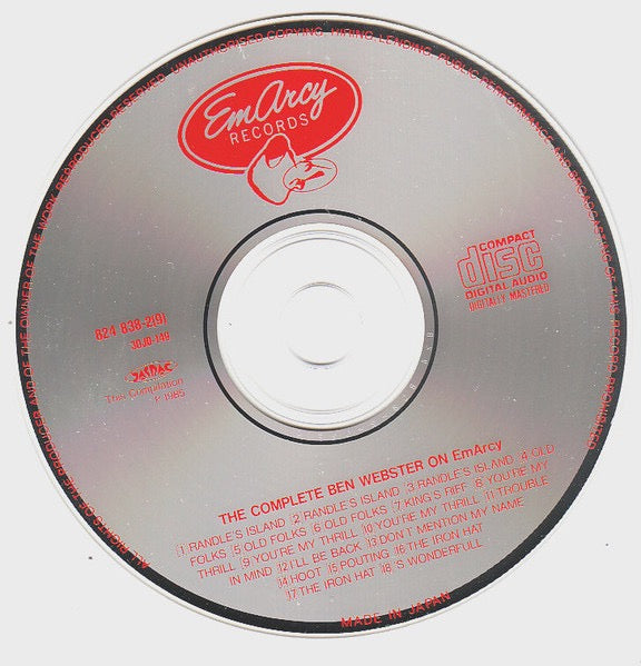 Image of Label Cover of 2xCD - VG+/VG+ - BEN WEBSTER, The Complete Ben Webster On EmArcy (EmArcy; 824 836-2, Japan 1986 Reissue, Fatbox Double Case, Booklet), ,  - 2416604C