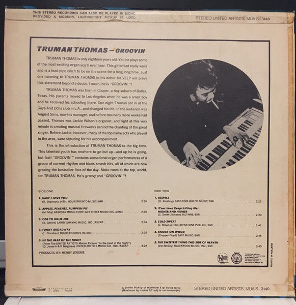 Image of Back Cover of LP - VG/VG+ - TRUMAN THOMAS, Groovin' (United Artists Records; MUA S-3140, Netherlands 1967), ,  - 2446283S