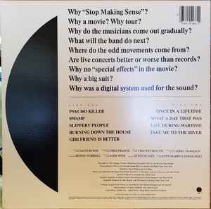 Image of Back Cover of LP - VG/VG - TALKING HEADS, Stop Making Sense (Sire; 1-25186, US 1984, Paper Inner), Hairlines, edge wear, seam splits on Inner,  - 2546004S