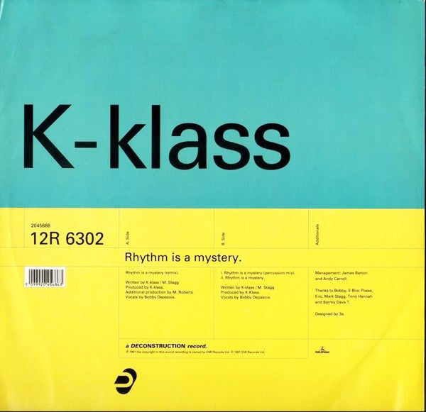 Image of Front Cover of 12" EP - VG/G+ - K-KLASS, Rhythm Is A Mystery (Deconstruction; 12R 6302, UK 1991), Strong G+ light hairlines only. Pen marks on sleeve,  - 2516044C