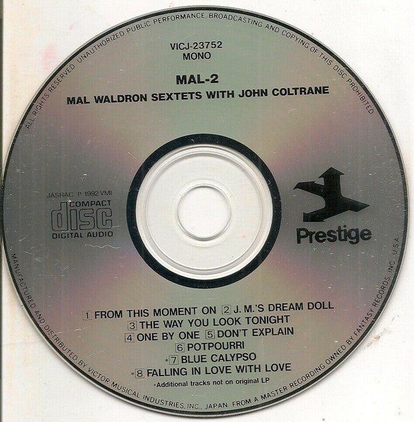 Image of Label Cover of CD - VG+/VG+ - MAL WALDRON WITH JACKIE MCLEAN, JOHN COLTRANE, IDREES SULIEMAN, SAHIB SHIHAB , AND BILL HARDMAN, Mal/2 (Prestige; VICJ-23752, Japan 1992, 7 & 8 are additional tracks, not on original LP.), No obi ,  - 2556002S