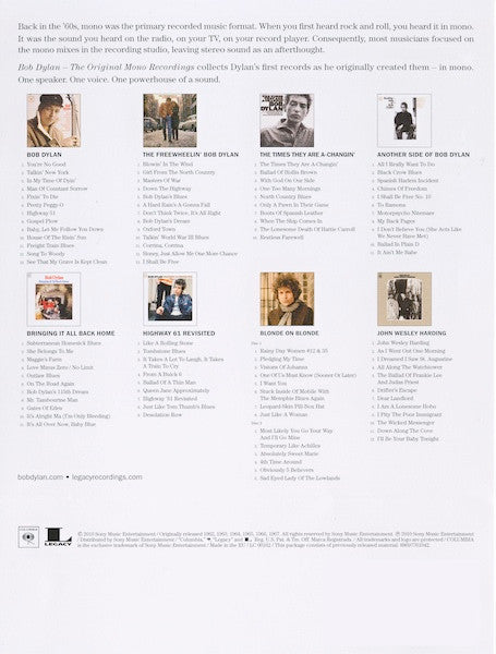 Image of Back Cover of 9xCD - VG+/VG+ - BOB DYLAN, The Original Mono Recordings (Columbia; MONO-88697761042, Europe 2010, Box Set, Booklet), ,  - 2436237E