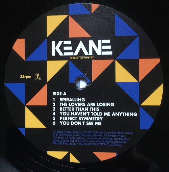 Image of Label Cover of LP - EX/EX - KEANE, Perfect Symmetry (Island; 671740, Europe 2018 Reissue, Inner), Opened Instore, Still In Stickered Shrinkwrap,  - 2546020S