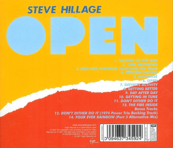 Image of Back Cover of CD - VG+/VG+ - STEVE HILLAGE, Open (Virgin; CDVR2135, Europe , Jewel Case), ,  - 2516060C