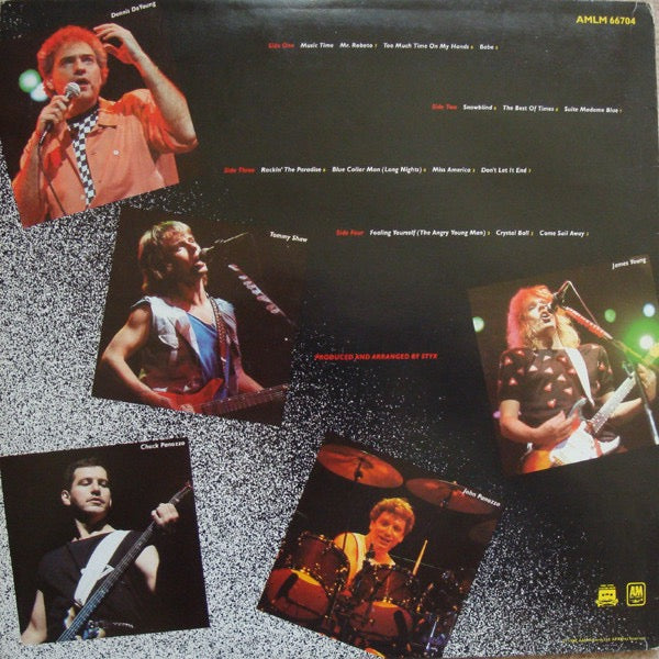 Image of Back Cover of 2xLP - VG/VG - STYX, Caught In The Act Live (A&M Records; AMLM 66704, UK 1984, Red Print Sleeve, Poster), Just a couple of light marks, Glossy discs, Edge wear and creases to sleeve, Promo stamp on rear, With poster and hype sticker,  - 2516083C