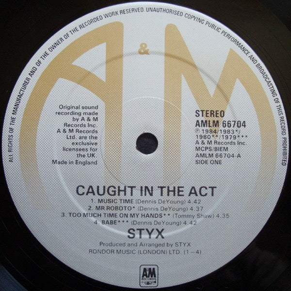 Image of Label Cover of 2xLP - VG/VG - STYX, Caught In The Act Live (A&M Records; AMLM 66704, UK 1984, Red Print Sleeve, Poster), Just a couple of light marks, Glossy discs, Edge wear and creases to sleeve, Promo stamp on rear, With poster and hype sticker,  - 2516083C