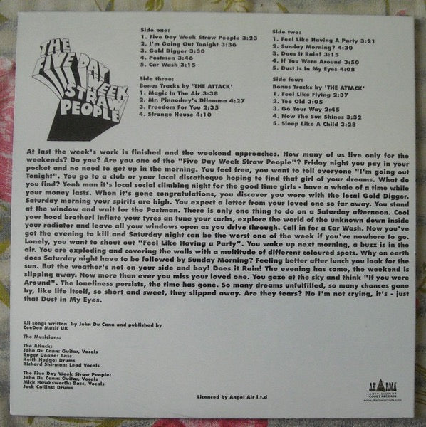 Image of Back Cover of 2xLP - VG/VG+ - THE FIVE DAY WEEK STRAW PEOPLE, The Five Day Week Straw People (Akarma; AK 218/2, Italy 2002 Reissue, Gatefold), Light corner bumped sleeve,  - 2516084C