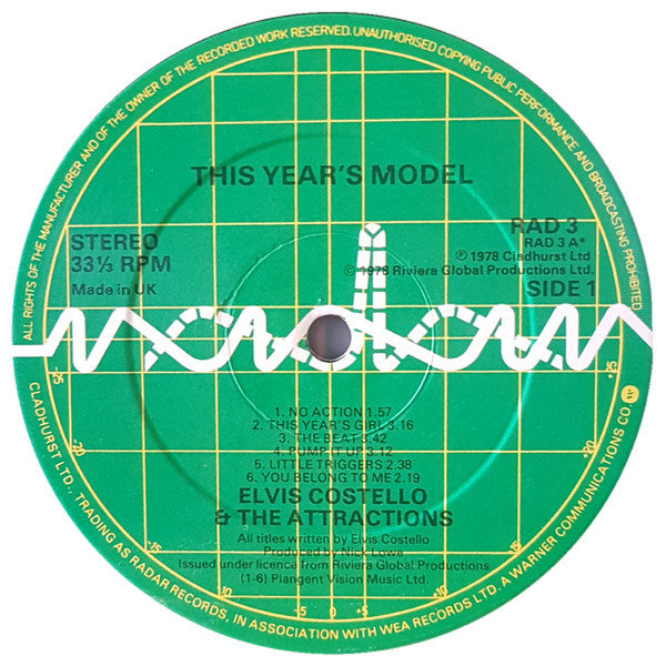 Image of Label Cover of LP - VG+/VG - ELVIS COSTELLO, This Year's Model (Radar Records; RAD 3, UK 1978, Copyright info on one line. EG on both sides. Porky on Side B.), "Special" twice in Side 1 runouts, not on Side 2.,  - 2526036E