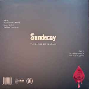 Image of Back Cover of LP - VG+/VG - SUNDECAY, The Blood Lives Again (Oxidized Records; 003, Canada 2026, 8 Panel Fold Out Sleeve printed in metallic &  glow-in-the-dark inks, 180 Gram "Washed Blood" (Purple) Vinyl, Ltd to 500, Numbered), No. 43, Hairlines,  - 2546030S