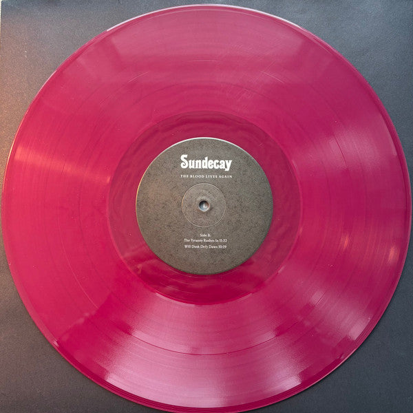 Image of Label Cover of LP - VG+/VG - SUNDECAY, The Blood Lives Again (Oxidized Records; 003, Canada 2026, 8 Panel Fold Out Sleeve printed in metallic &  glow-in-the-dark inks, 180 Gram "Washed Blood" (Purple) Vinyl, Ltd to 500, Numbered), No. 43, Hairlines,  - 2546030S