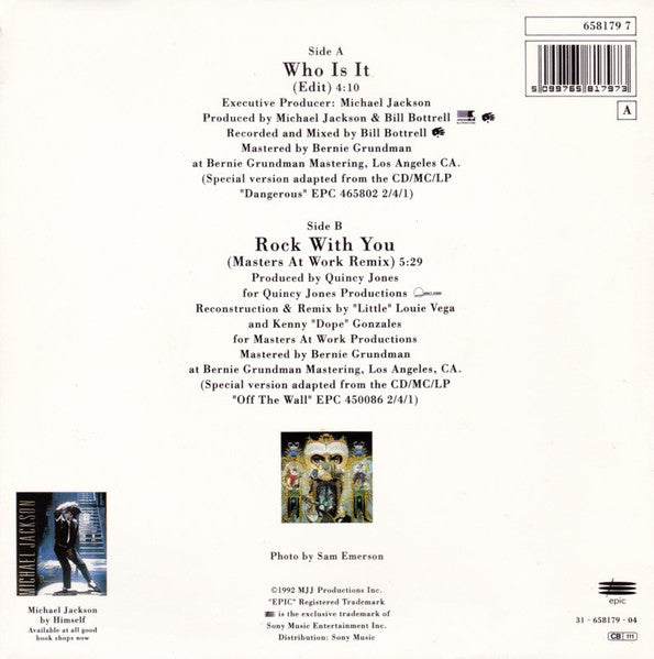 Image of Back Cover of 7" - G+/VG - MICHAEL JACKSON, Who Is It / Rock With You (Masters At Work Remix) (Epic; 658179 7, UK 1992, Picture sleeve, NO cut out portrait), Large sticker on sleeve and writing (on MJs forehead!),  - 2526078E