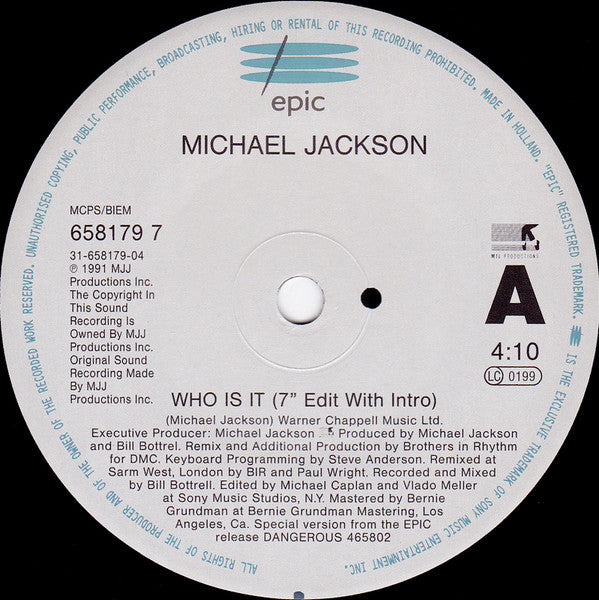 Image of Label Cover of 7" - G+/VG - MICHAEL JACKSON, Who Is It / Rock With You (Masters At Work Remix) (Epic; 658179 7, UK 1992, Picture sleeve, NO cut out portrait), Large sticker on sleeve and writing (on MJs forehead!),  - 2526078E