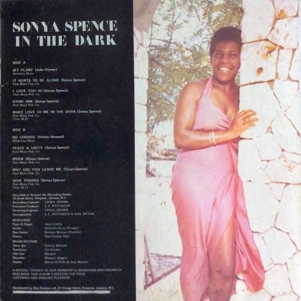 Image of Back Cover of LP - VG/VG - SONYA SPENCE, In The Dark (High Note; 2521, Jamaica 1978), Marks and scuffs nap, sounds VG or better. Creases on front sleeve. Slightly different label pattern.,  - 2516156C
