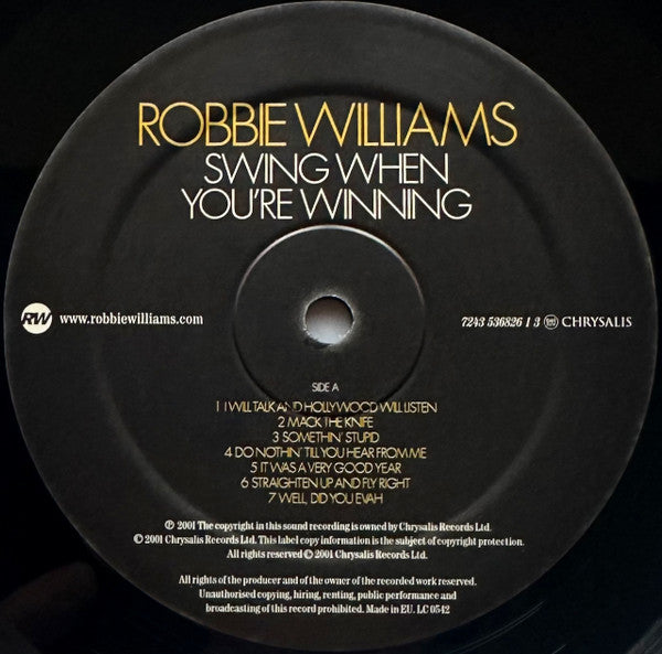 Image of Label Cover of LP - VG+/VG+ - ROBBIE WILLIAMS, Swing When You're Winning (Chrysalis; 7243 536826 1 3, Europe 2001, Inner, 180 Gram Vinyl), Light, cosmetic mark on side 1.,  - 2516145C