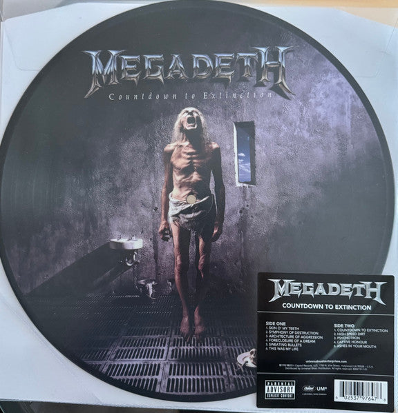 Image of Front Cover of LP - VG+/EX - MEGADETH, Countdown To Extinction (Universal Music Group International; 0602537976478, Europe 2025, Clear Plastic Stickered Sleeve, Picture disc), Tiny split in bottom of plastic sleeve.,  - 2526039E