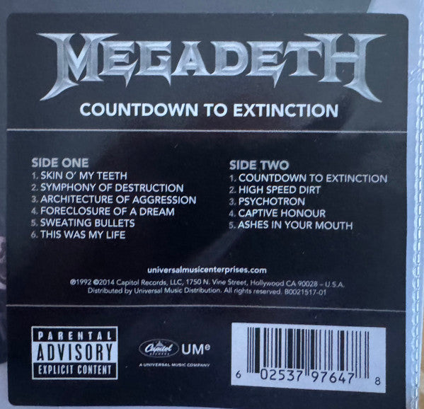 Image of Back Cover of LP - VG+/EX - MEGADETH, Countdown To Extinction (Universal Music Group International; 0602537976478, Europe 2025, Clear Plastic Stickered Sleeve, Picture disc), Tiny split in bottom of plastic sleeve.,  - 2526039E