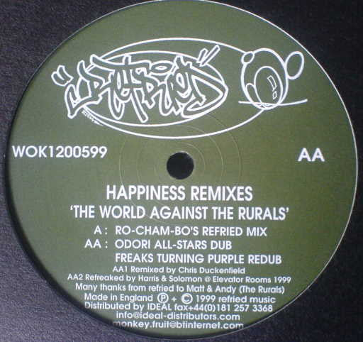 Image of Front Cover of 12" - /G+ - THE RURALS, Happiness (Remixes) (Refried Music; WOK1200599, UK 1999), Slighyly warped with light marks, plays through fine.,  - 2546053S