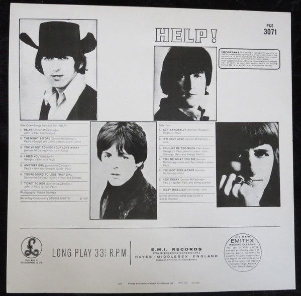Image of Back Cover of LP - VG+/VG+ - THE BEATLES, Help! (Parlophone Silver/Black, 2 Boxed EMI Logos; PCS 3071, UK 1985 Reissue, All Rights Rim), ,  - 2516129C