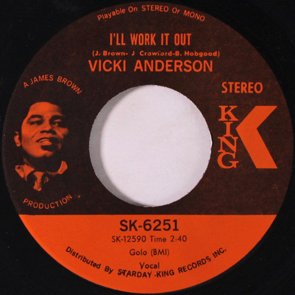 Image of Back Cover of 7" - /G+ - VICKI ANDERSON, Answer To Mother Popcorn (I Got A Mother For You) / I'll Work It Out (King Records; SK-6251, US 1969), Lots of marks but plays well.,  - 3556049S