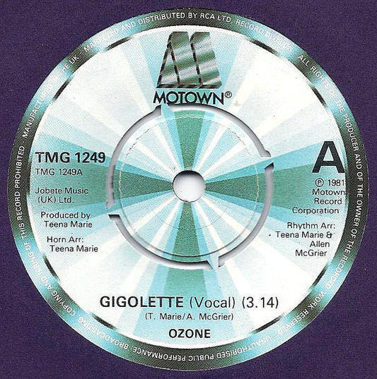 Image of Front Cover of 7" - VG/VG+ - OZONE, Gigolette (Motown; TMG 1249, UK 1981, Company Sleeve), Light marks only. Some wear to company sleeve.,  - 2526101E