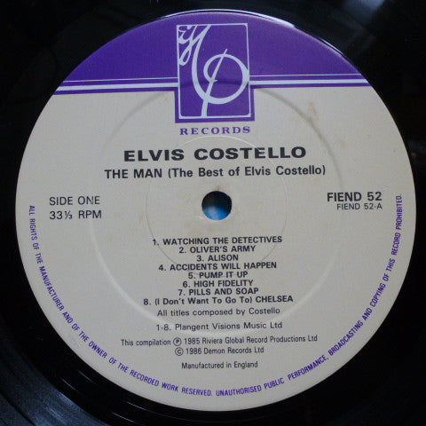Image of Label Cover of LP - VG/VG - ELVIS COSTELLO, The Man (The Best Of Elvis Costello) (Demon Records; FIEND 52, UK 1986, Insert), ,  - 2526050E
