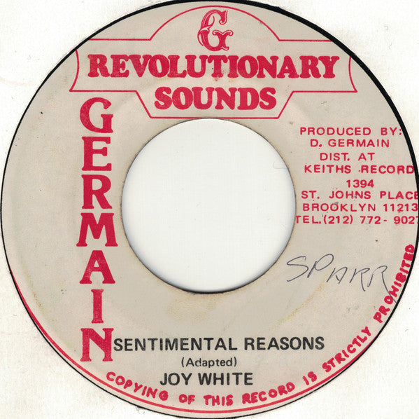Image of Front Cover of 7" - /VG - JOY WHITE, Sentimental Reasons (Revolutionary Sounds; none, Jamaica ), Light marks. Strong VG. Stamp on label & WOL.,  - 2526154E
