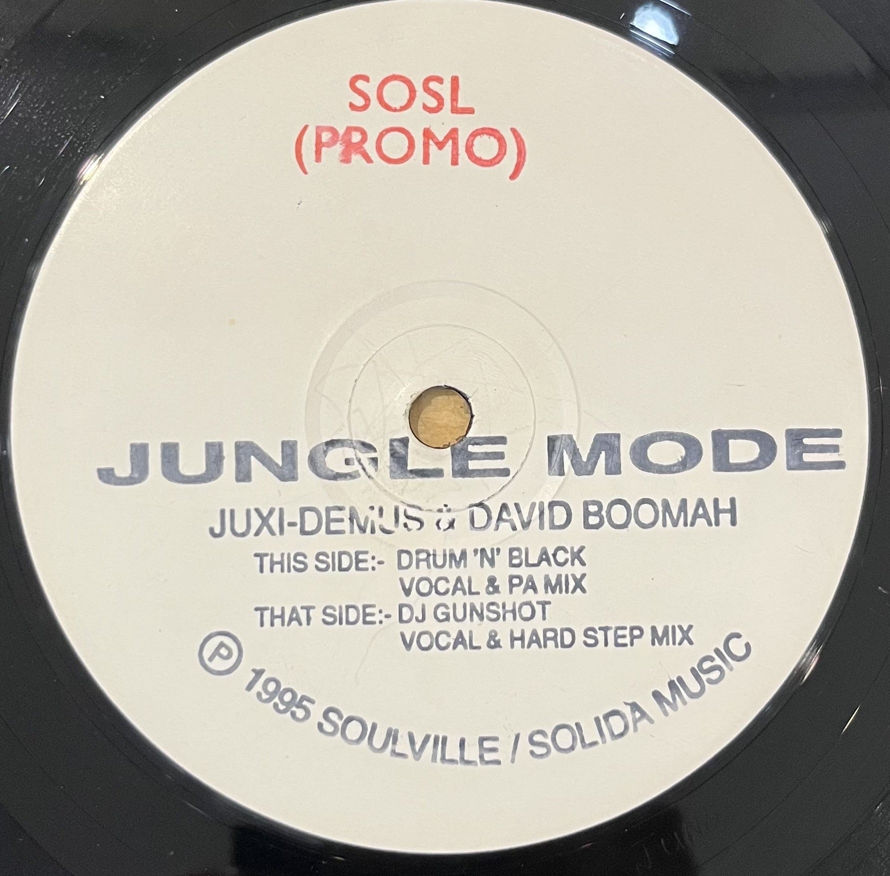 Image of Label Cover of 12" - /G+ - JUXI DEMUS & DRUM 'N' BLACK, Jungle Mode (Junglist; JUNG 001, UK 1995, Stamped White Label), Hairlines and marks, notable scuffs at the edges on both sides, audible surface noise in quiet sections and intros to each track, with the occasional pop. Still a very playable copy., A		Jungle Mode (Original Vocal Mix)A		Jungle Mode (Instrumental)AA		Jungle Mode (Vocal Mix)AA		Jungle Mode (Hardstep Mix) - 2516170C