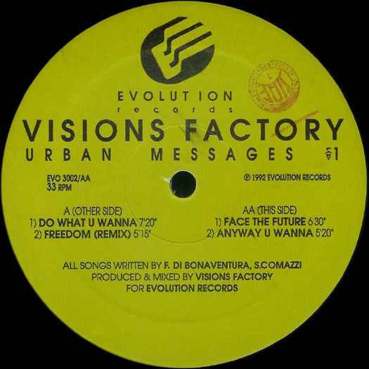 Image of Front Cover of 12" - VG+/VG+ - VISIONS FACTORY, Urban Messages Part 1 (Evolution Records; EVO 3002, Italy 1992, Stickered Plain Sleeve), Pen On Label,  - 2546113S