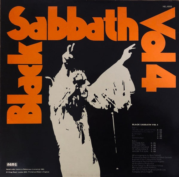 Image of Back Cover of LP - VG/G+ - BLACK SABBATH, Black Sabbath Vol. 4 (NEMS Black Labels With Two Pressing Rings; NEL 6005, Ireland 1982 Reissue, JC C-P Runouts), Light marks only,  - 2516093C