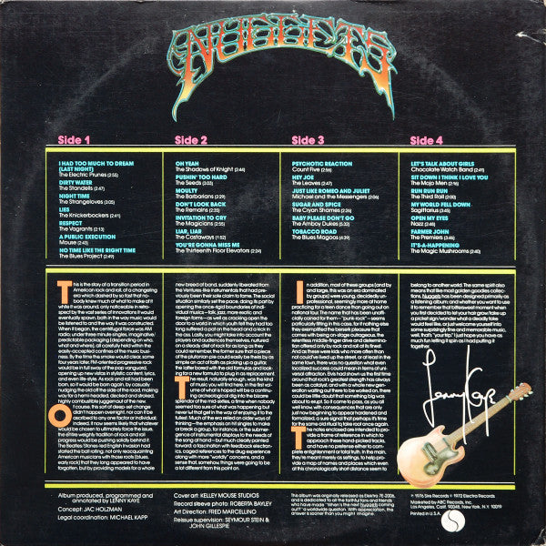 Image of Back Cover of 2xLP - VG/VG+ - VARIOUS, Nuggets: Original Artyfacts From The First Psychedelic Era 1965-1968 (Sire; SASH 3716-2, US 1976 Reissue, Gatefold), ,  - 2526058E
