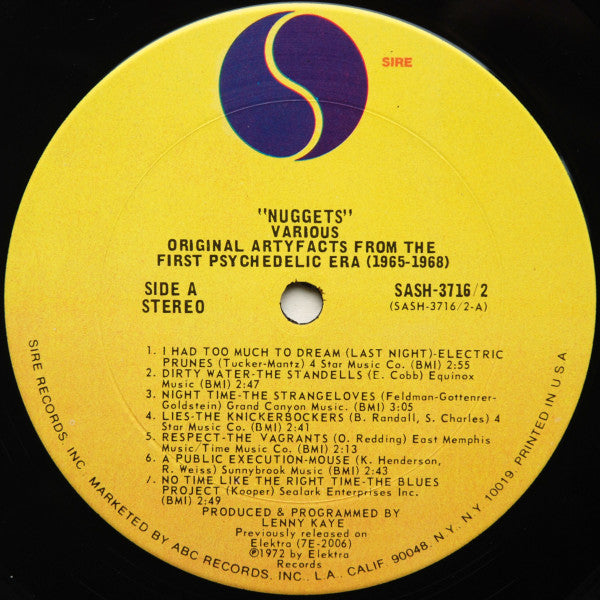 Image of Label Cover of 2xLP - VG/VG+ - VARIOUS, Nuggets: Original Artyfacts From The First Psychedelic Era 1965-1968 (Sire; SASH 3716-2, US 1976 Reissue, Gatefold), ,  - 2526058E