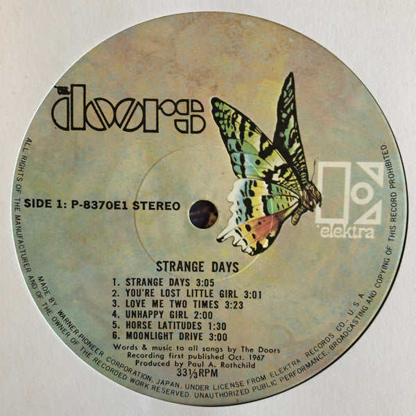 Image of Label Cover of LP - VG+/EX - THE DOORS, Strange Days (Elektra ; P-8370E, Japan 1973 Reissue, Insert, Third Pressing With 2,300 Yen On Obi), Tiny Tear In Obi Otherwise Lovely Copy,  - 2526212E