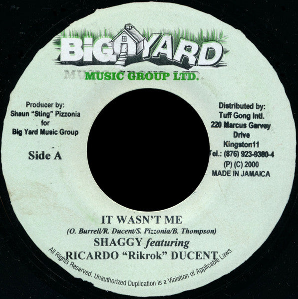 Image of Front Cover of 7" - /VG+ - SHAGGY FEAT. RICARDO "RIKROK" DUCENT*, It Wasn't Me (Big Yard Music Group Ltd.; , Jamaica 2000), Shiny EX copy,,  - 2556081S