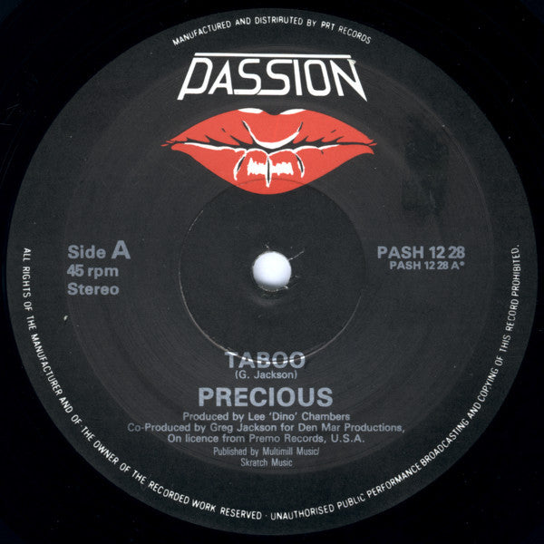 Image of Back Cover of 12" - VG/G+ - PRECIOUS, Taboo (Passion ; PASH 12 28, UK 1984, Company Sleeve), Strong G+ with light hairlines.,  - 2546078S