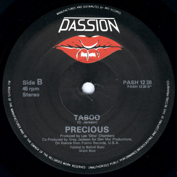 Image of Label Cover of 12" - VG/G+ - PRECIOUS, Taboo (Passion ; PASH 12 28, UK 1984, Company Sleeve), Strong G+ with light hairlines.,  - 2546078S