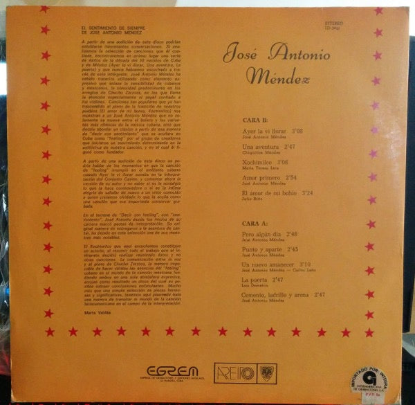 Image of Back Cover of LP - VG/VG - JOS  ANTONIO M NDEZ, El Sentimiento De Siempre (Areito; LD-3921, Cuba ), Strong VG to disc.,  - 2516199C