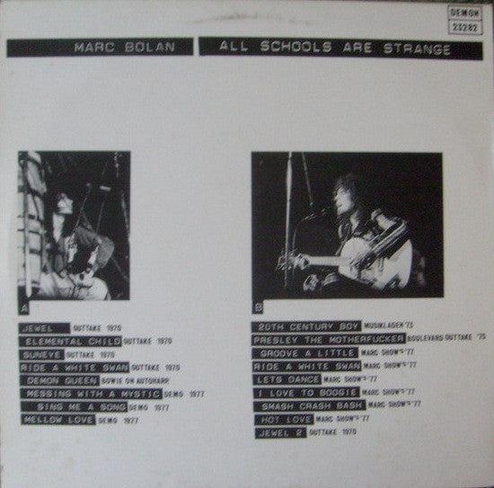 Image of Back Cover of LP - VG/VG - MARC BOLAN, All Schools Are Strange (Demon Records; 23282, Netherlands , Unofficial. Rare Compilation of live versions, outtakes, demos & tracks taken from the MARC SHOW TV Series in 1977), Sleeve is coffee stained. Vinyl has a few light hairlines.,  - 2526233E